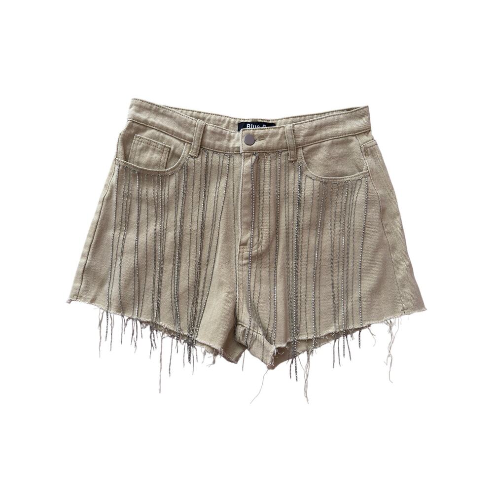 Blue B Collection Beige Rhinestone Fringe Denim Shorts Size L